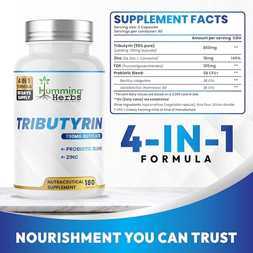 Image of Humming Herbs Tributyrin 95% Pure | 730 mg Butyrate | With Zinc, FOS & Probiotic Blend & FOS | 180 Veg Capsules | Nutraceutical Supplement