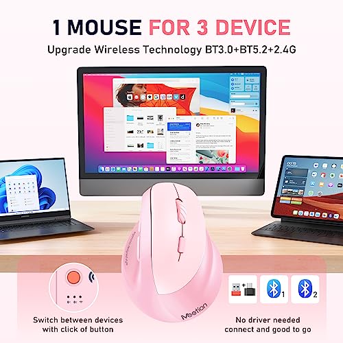 Image of MEETION Ergonomic Wireless Mouse, Bluetooth Vertical Mouse with RGB, Pink | Bluetooth 5.2 /3.0 and USB-A, Comfortable vertical design, 4 adjustable DPI levels for Mac, Windows, Android, PC and tablets