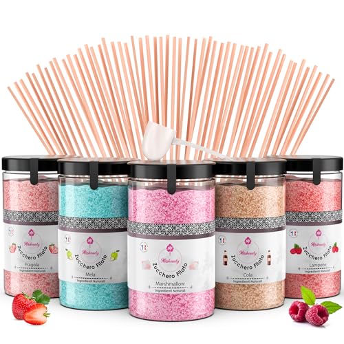 Misskandy® Zucchero per Zucchero Filato (5x300 gr) - Set di 5 Gusti (Fragola/Cola/Mela/Marshmallow/Lampone) - Aromi e...