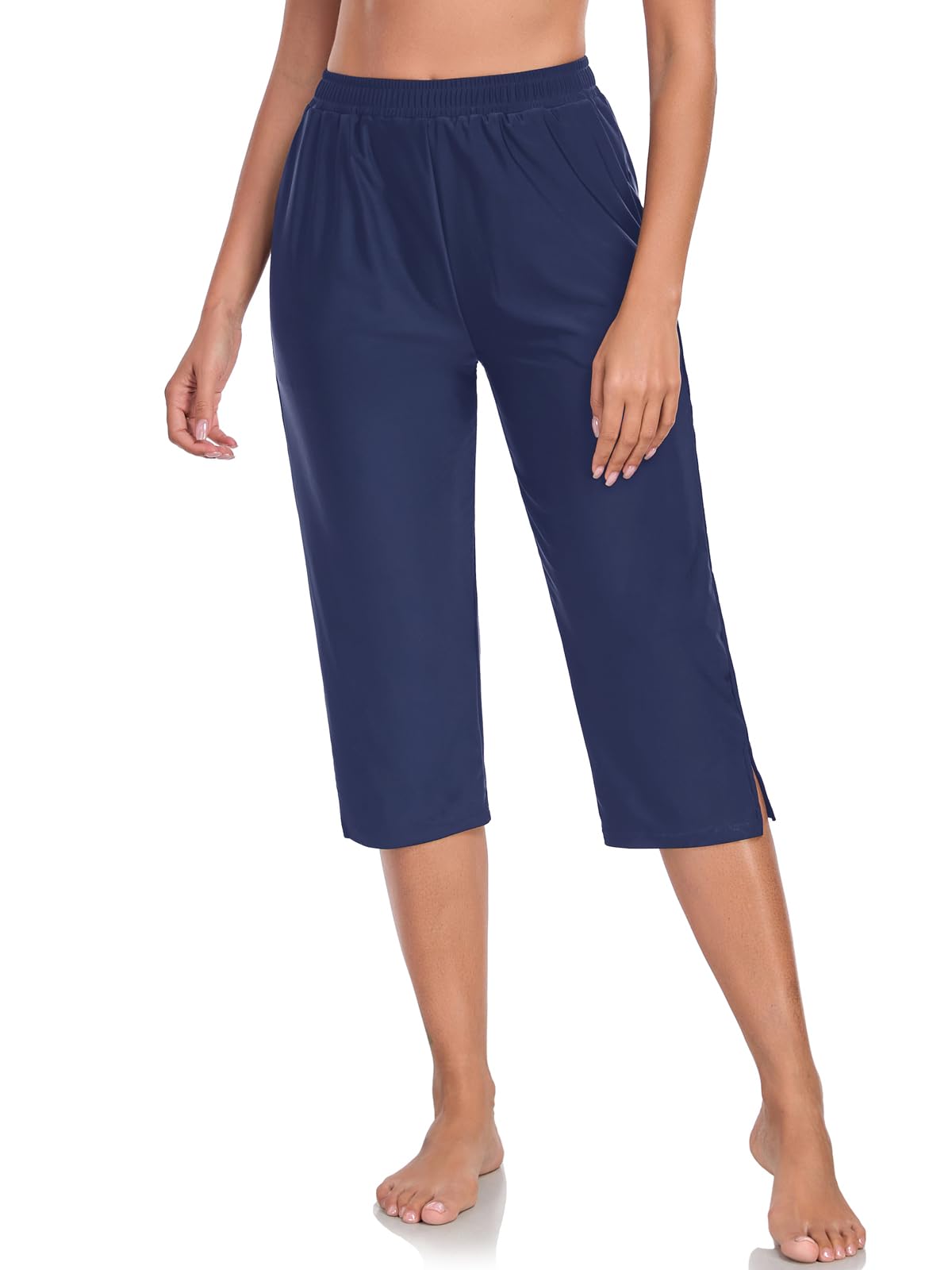 Women's 18'' High Waisted Swim Capris Pants Quick Dry Beach Pants Long Bathing Suit Bottoms with Pockets-image-45