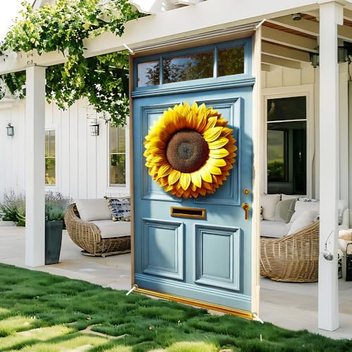 Image of Giant Sunflower Door Cover 35x71in Summer Bloom Blue