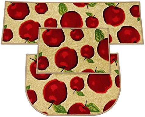 Wolala Home 3 Piece Sets Rubber Backing Non-Slip Red Apple Kitchen Rug and Carpet Machine Washable D-Shape Doormat Bathroom Foot Pads Thin (3pcs Sets, Multi)