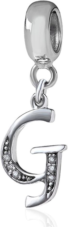 Sambaah Alphabet Charm Letter Beads Solid 925 Sterling Silver with Cubic Stones, Complete A~Z Gift Options fit Pandora European Bracelets (G)