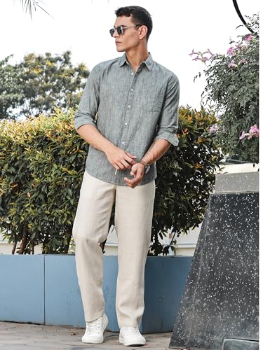 Image of Thomas Scott Men's | Solid | Premium Linen Blend | Spread Collar | Summer Wear | Long Sleeve | Shirts for Men