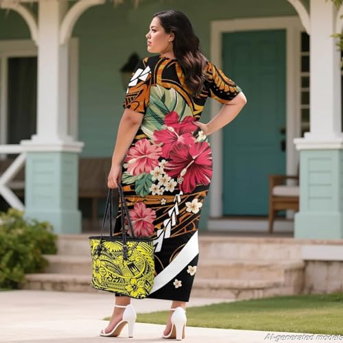 Image of Puletasi Polynesian Tribal Clothing Two Piece Skirt Set for Women Outfits Short Sleeve Top High Waist Midi Skirt