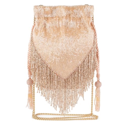 Mary Frances Boho Chic Beaded Drawstring Handbag with Fringe and Tassel Champagne Statement Evening Purse with Removable Strap, Pink