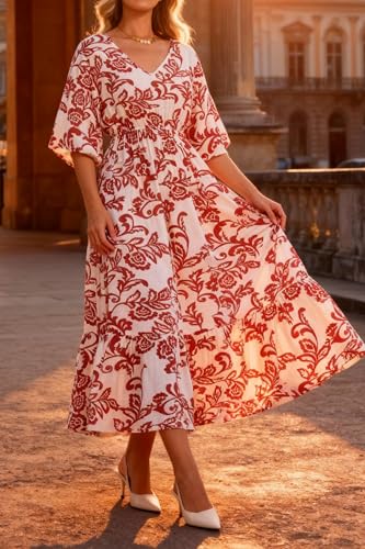 Image of Women's Summer Short Sleeve Maxi Floral Flowy Dresses with Pockets