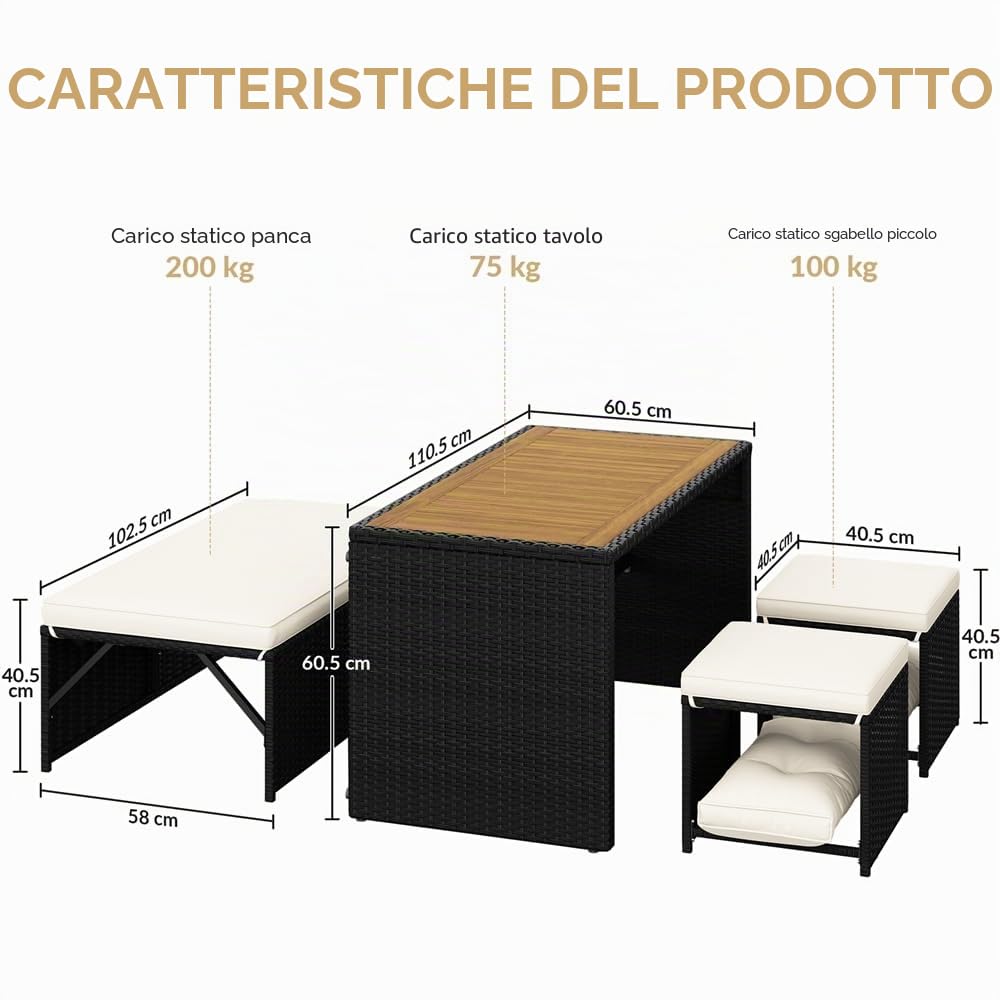Yaheetech 2 in 1 Set Mobili da Giardino in Rattan PE con 1 Panca Trasformabile in Divano, 1 Tavolo e 2 Pouf, Ideale per Balcone Terrazza Patio Nero e Beige