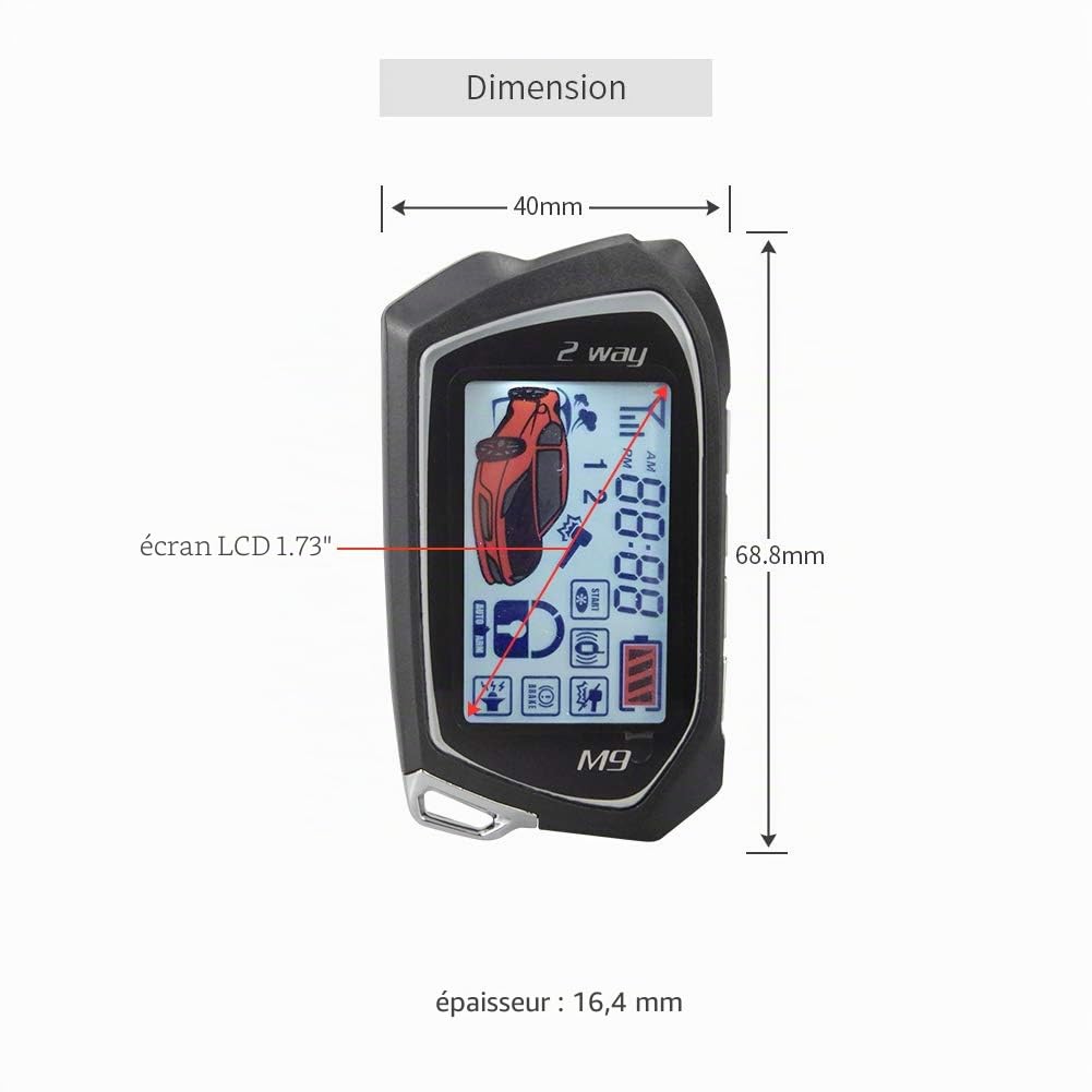 EASYGUARD Système d'alarme de voiture 2 voies EC201-M9 avec écran LCD de 1,75 pouces grand écran de téléavertisseur de choc DC 12 V