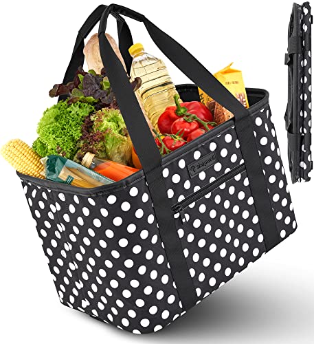 Einkaufskorb faltbar in Premiumqualität | Einkaufstasche mit weichem PU-Kunstledergriff | idealer Korb zum Einkaufen 30 Liter| stabile & sichere Shopping Bag (schwarz/weiss gepunktet)