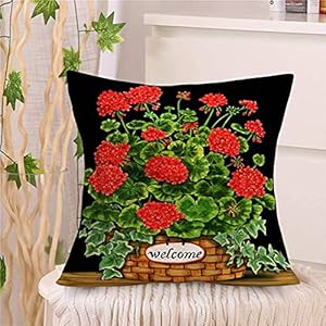 Red Geranium Flowers Pillow Covers 24X24 Rustic Potted Plants with Welcome Words Throw Pillow Cases Cushion Cover for Outdoor Garden Chair Summer Decorative Geranium 24X24