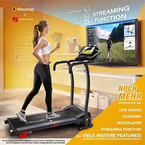 Sportstech F15 Laufband – Deutsche Qualitätsmarke - Video Events & Multiplayer APP & LCD Display, inkl.Bluetooth, 3 PS, 12 KM/H, 17 Programme und Tablet-Halterung – kompakt klappbar verstaubar - 3