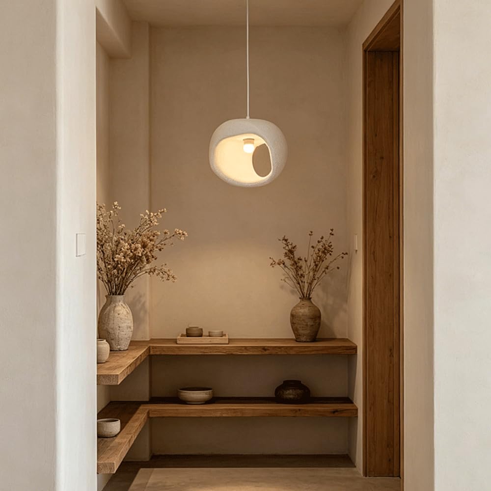 Lámpara Colgante Wabi-Sabi Cream Cutout Cave Con Casquillo E27 Para Isla De Cocina, Hecha A Mano En Poliestireno De Alta Densidad, Ideal Para Bar, Vestidor, Mesa De Comedor, Estudio O Mesita