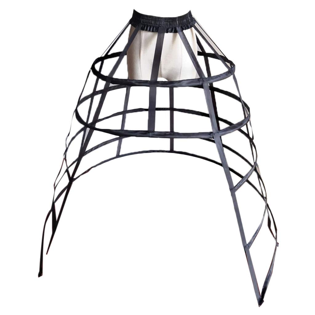 KONIEEJN Women 5 Hoops Skirt Pannier Petticoat Hollow Bird Cage Cutout Crinoline Underskirt Ruffles Elastic Waist Lolita Bustle Black