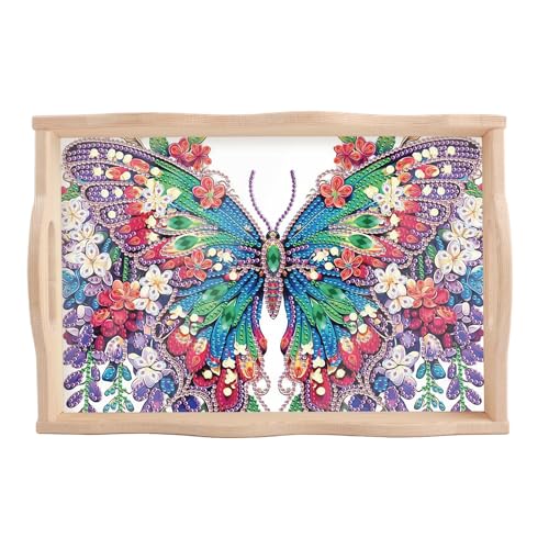 Image of DIY Diamond Art Tray with Handle Diamond Art Painting Plate Creative Design Handmade Wooden Tray Mosaic Making Kits by Number Kits Diamond Art for Coffee Living Room Home Organizer (Butterfly)