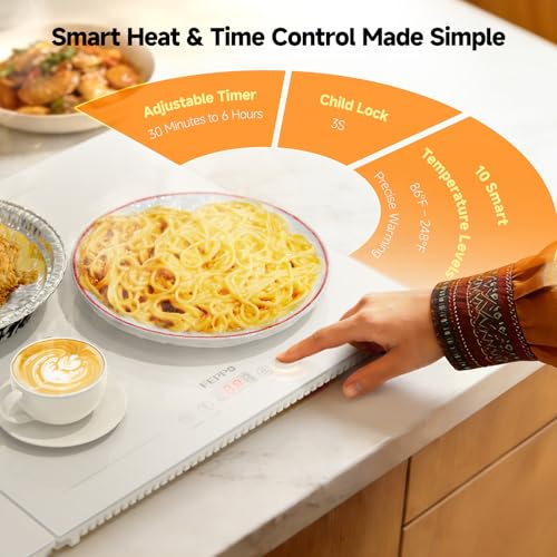 Image of FEPPO Electric Warming Tray with Independent Temp Control, 31 inchx15 inch Glass Surface Warming Mat for Food, 10 Temp Settings and Timer, 2-in-1 Food Warmers for Parties Buffet