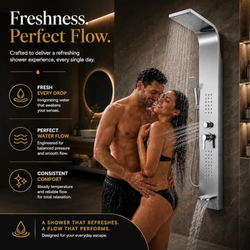 Image of Shower Panel Thermostate Stainless Steel 5 in One, Tower System, Rainfall Shower, Body Massage Spray, 3 Function Hand Shower (Chrome)