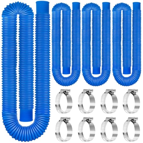 Replacement Pool Hoses for Above Ground Pools 1 1-4, 59 Long Filter Pump Hose, 4 Pack Pool Pump Hose with 8 Metal Clamps (Blue)
