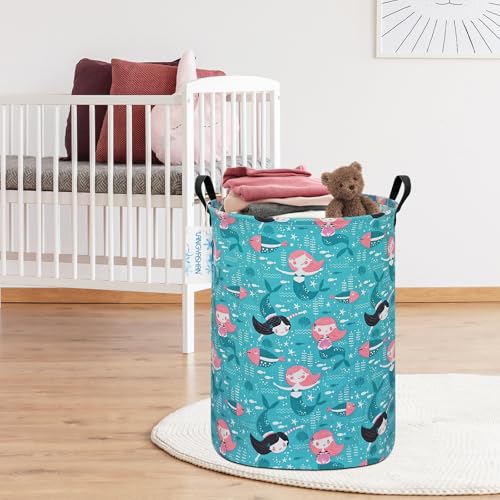 Image of Storage Bin, Canvas Fabric Collapsible Organizer Basket for Laundry Hamper,Toy Bins,Gift Baskets, Bedroom, Clothes,Baby Nursery (Round Mermaid)