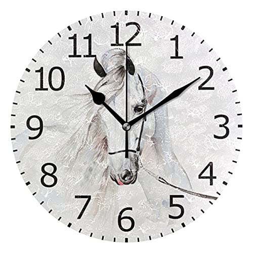 ALAZA Non-Ticking Round Clock, White Horse Decorative Battery Operated Wall Clock for Desktop Break Room Apartment Shop