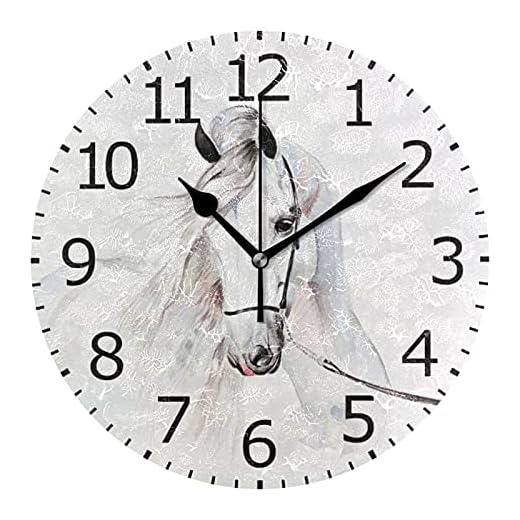 ALAZA Non-Ticking Round Clock, White Horse Decorative Battery Operated Wall Clock for Desktop Break Room Apartment Shop