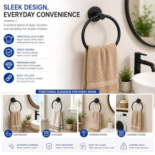 Image of Zollyss Towel Ring for Bathroom | SUS 304 Stainless Steel Hand Towel Holder | Matte Black Wall Mounted Round Towel Hanger | Rust Proof 180 Swivel Wash Basin Towel Ring with Installation Hardware