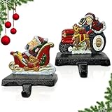 Linton Arts 2 Pack Cast Iron Christmas Stocking Holders for Mantle, Santa Claus Weighted Stocking Holder with Non-Slip Base, Vintage Ornament Hooks (Christmas Stocking Holders)