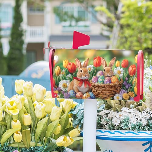 Image of Happy Easter Bunny Mailbox Covers Easter Mailbox Covers Magnetic Standard Size 18x21 Inch Spring Easter Bunny Eggs Mailbox Decorations Holiday Mailbox Wrap Post Letter Box Cover for Home Outside