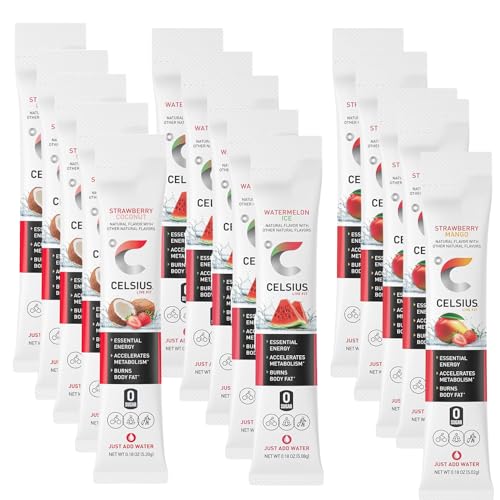 Generic CELSIUS On the Go Essential Energy Drink Powder Packet Stick Mix 3 Flavor Variety Pack, Zero Sugar - Strawberry Coconut, Watermelon Ice and Strawberry Mango - Pack of 15 (5 of Each Flavor)