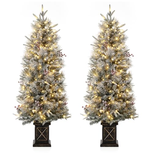 GAOMON 4.5ft Christmas Tree 2 Set with 200 Warm White LED Lights, Pre-Lit Snow Flocked Christmas Tree with X Shape Potted Base, Artificial Xmas Tree with Red Berries, Decoration for Home, Entrances