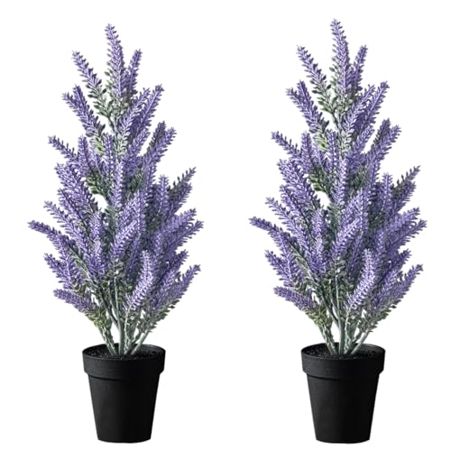 40cm/15.74in Set of 2 Artificial Lavender Plants Potted Fake Flocking Flower Bonsai Plastic Wedding Folower Faux Tree in Pot Real Touch Purple Plants for Gift Home Office Indoor Decor (Lavender)