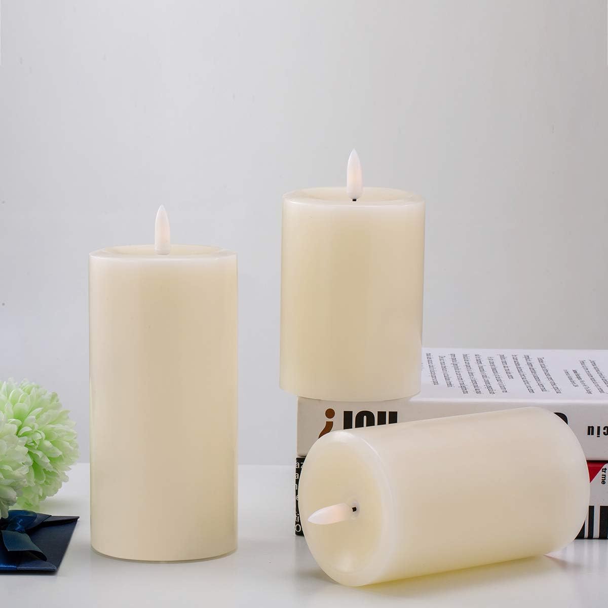 Flameless Candles Set of 3, Realistic Real Wax Top Flat 3D Wick Ivory Pillar Candles Set with Remote, Size D: 3'' x H: 4'' 5'' 6'', 2H 4H 6H 8H Timer, Flicker, Dimmer, Run by 2 AA Battery
