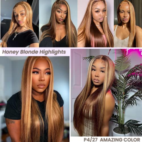 Alher Small Cap Human Hair Wigs Honey Blonde Highlight Lace Front Wig Human Hair Pre Plucked 13X4 Straight 4/27 Ombre Color Transparent Lace Frontal Wig Soft Thick 12A Brazilian Remy Hair 22 Inch #TOP4