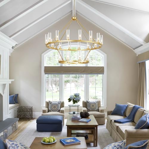 Image of 48 Inch Large Gold Wagon Wheel Chandelier with Clear Glass Shade 2 Tier 24-Lights Round Pendant Light Farmhouse Industrial Chandeliers Dining Room Light Fixture for Stair Living Room Foyer
