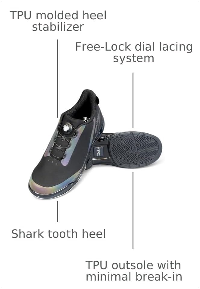 Image of KR Strikeforce TPC Hype Black /Iredecent Performance Bowling Shoe with Interchangeable Heel & Slide Pad on Left Bowling Shoe