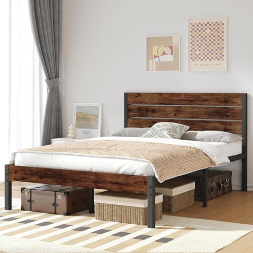 Image of Fluest Full Bed Frame with Headboard and Footboard, Metal Full Bed Frame with Under Bed Storage, All-Metal Support System, No Box Spring Needed, Easy Assembly,Rustic Brown