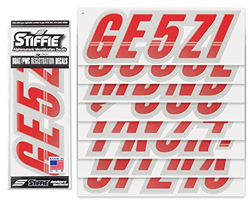 Image of STIFFIE Techtron Red /Silver 3 inch Boat & PWC Registration Decals • Numbers Letters Stickers