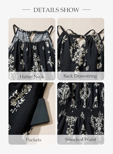 Image of BLENCOT Womens Summer Beach Halter Neck Dresses Casual Smocked A Line Floral Mini Dress with Pockets