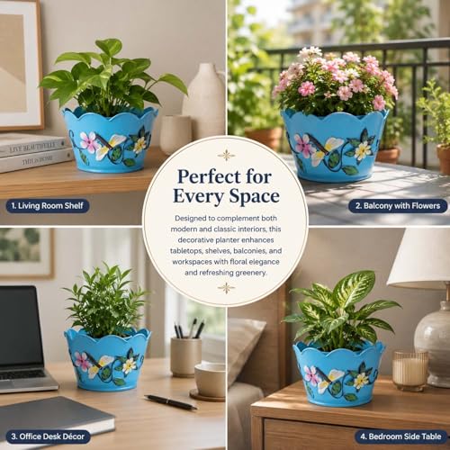 Image of Go Hooked Metal Flower Pot Planter (Pack of 3, 6 Inch) | Decorative Blue Indoor Outdoor Plant Pot with Floral Embossed Design | Round Planter for Home Balcony Garden Decor