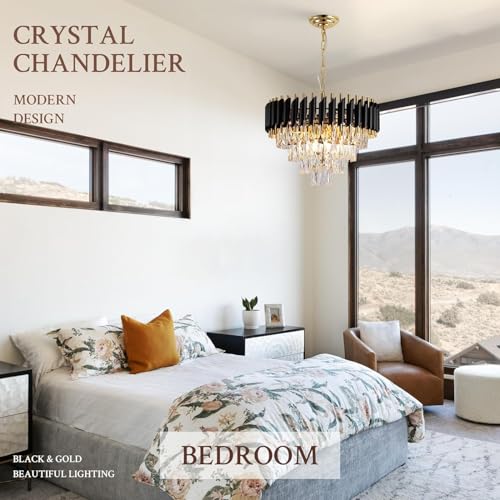 Image of Modern K9 Crystal Chandeliers Gold -Round Crystal Chandelier for Living Room Colors.Warm White, Moon Light,Golden,Led Plate Included (Black Gold, 500MM)
