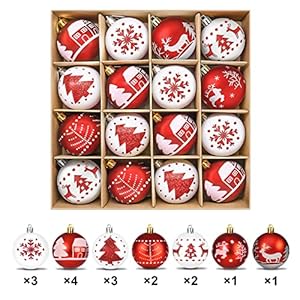 ZOOI Weihnachtskugeln Kunststoff Set Rot Weiß, 16 Stücke 6CM Christbaumkugeln Deko Weihnachten, Weihnachtsbaumschmuck…
