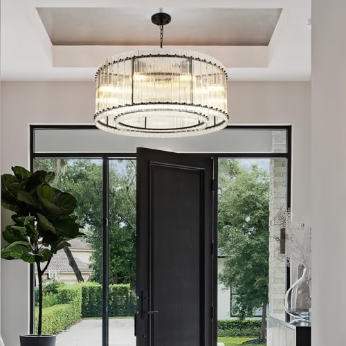 Image of 37 inch Modern Black Round Chandeliers,2-Tier 8-Light Water Ripple Crystal Glass Chandelier,for Dining Room,Living Room,Bedroom,High Ceiling,Foyer Entryway,Luxury Adjustable Hanging Chandelier