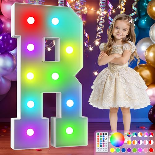 Image of 3FT Colorful Marquee Letters,18-Color Letter R with Remote Control Large Light Up Numbers Sign,Pre-Cut Foam Board Set for Party Decoration, Birthdays, Weddings, Graduations, Baby Anniversaries