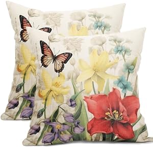 Spring Summer Flower Outdoor Decorative Pillow Covers 18x18 Inch Set of 2 Floral Butterfly Throw Pillows Spring Farmhouse Pillowcases Cotton Linen Cushion Covers for Couch Bed Sofa Chair Home Decor Spring Summer Flower Outdoor Decorative Pillow Covers 18×18 Inch Set of 2 Floral Butterfly Throw Pillows Spring Farmhouse Pillowcases Cotton Linen Cushion Covers for Couch Bed Sofa Chair Home Decor