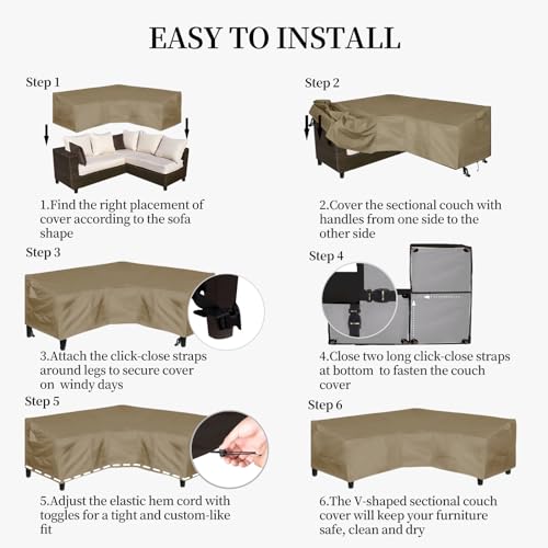 Image of Easy-Going 600D Patio V-Shaped Sectional Sofa Cover, Waterproof Outdoor Sectional Cover,Heavy Duty Garden Furniture Cover with Air Vent 89 inch L (on Each Side) x 33.5 inch D x 31 inch H, Camel