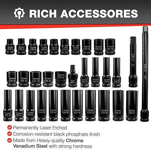 33pcs 1/2" Impact Socket Set (8-22mm), Metric Socket Set, Cr-V Steel, 6 Point Deep & Shallow Sockets, with 5" 10" Extension Bars and 1/2" Universal Joint