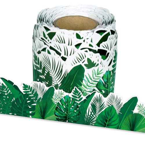 Leezead Tropical Leaves Bulletin Board Border, 65Ft Jungle Leaves Border Greenery Plant Tropical Leaves Rolled Border Trim for School Classroom Bulletin Board Chalkboard Whiteboard Wall Decor