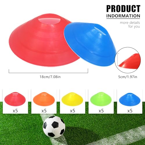 YJSDDNTY 25pcs Fussball Hütchen,Markierungshütchen,Fußball zubehör für Fussball Training Agilität Geschenk Jungen Kinder Spieler,Leichtathletik - Trainingszubehör & Fußballzubehör(5 Farben)