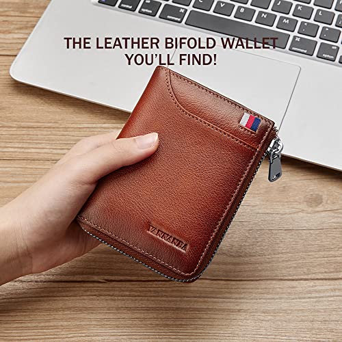 VANNANBA Mens Genuine Leather Zipper Wallet RFID Blocking Bifold Zip Around Wallets Multi Credit Card Holder with Coin Pocket & Bill Compartment(Brown)4