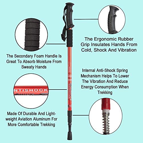 Image of Aihoye Metal Hiking Trekking Poles, 2 Pack Collapsible Lightweight Anti-Shock Walking Sticks, Adjustable for Men and Women (Red)